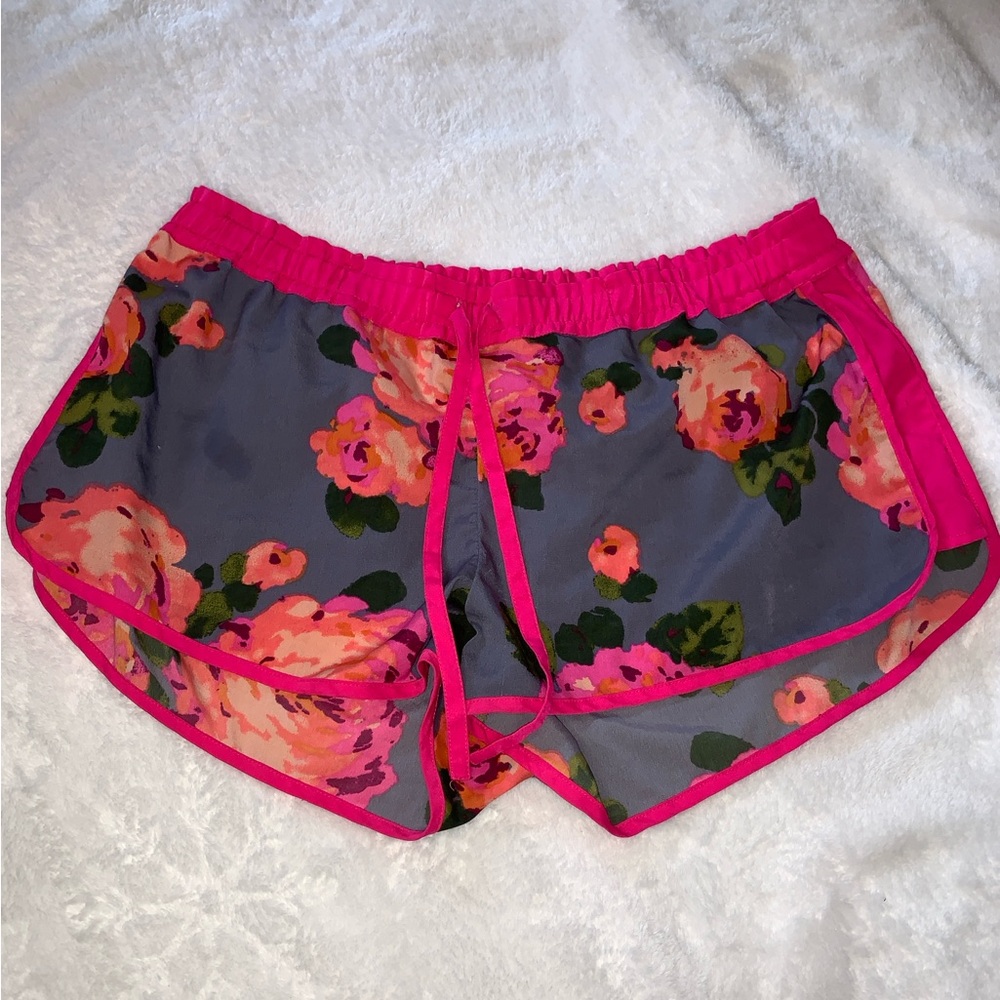 aerie Gray Floral Shorts with Hot Pink Waistband